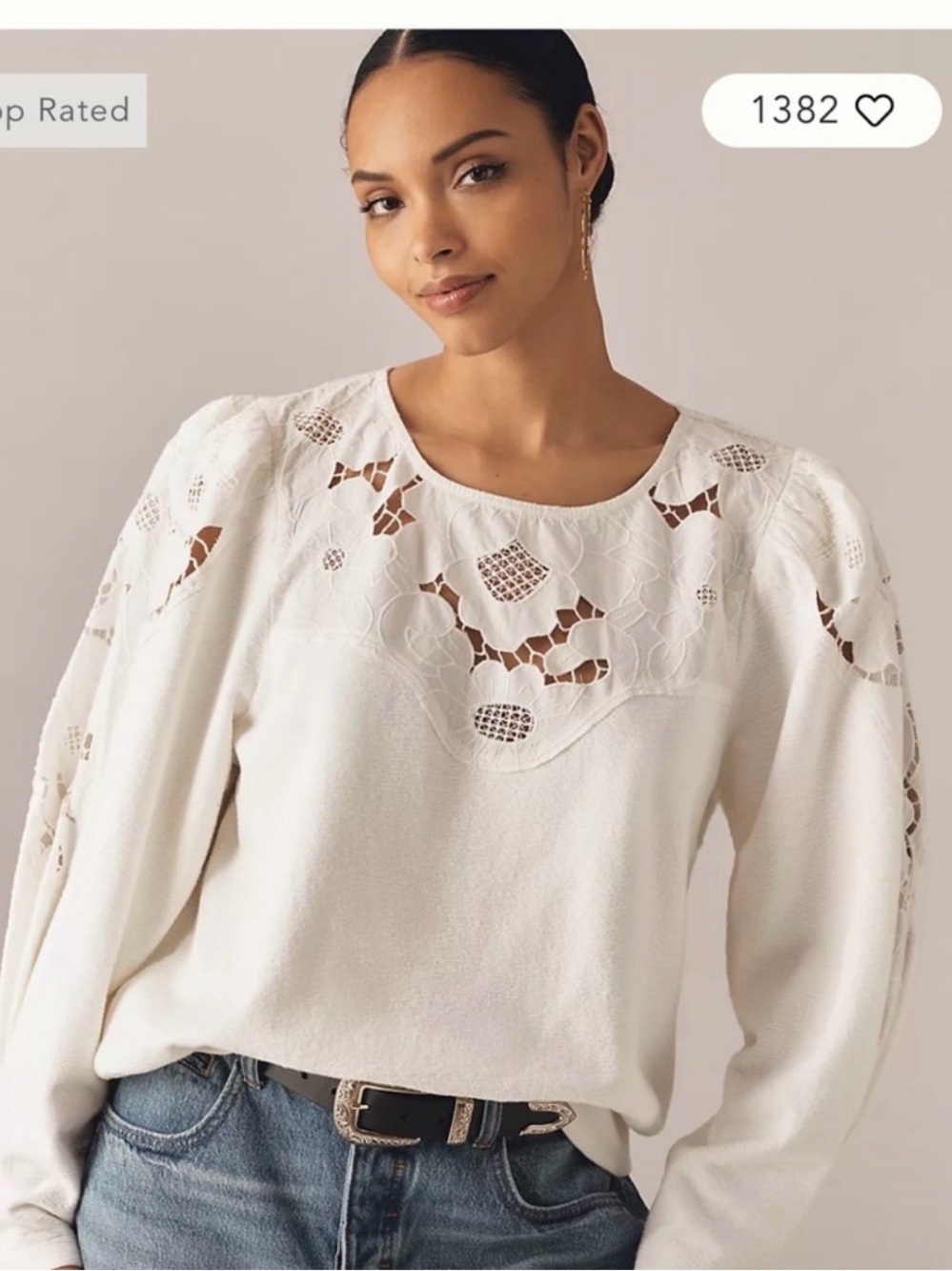 Anthropologie Lace Cutwork Mutton-Sleeve White Lace Yoke Pullover Sweatshirt S